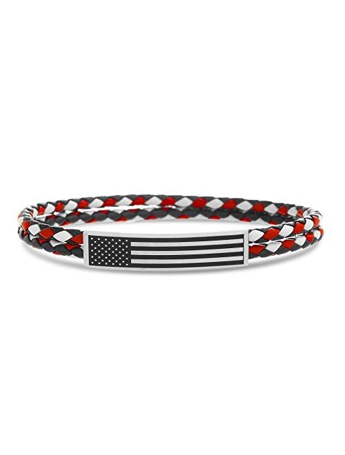 Nautica Stainless Steel Double Strand Braided Leather American Flag Bar Bracelet for Men