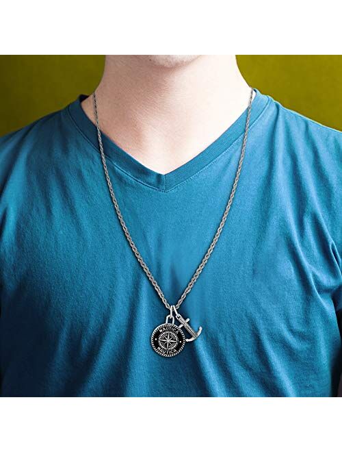 Nautica Oxidized Stainless Steel Black Enamel Compass Anchor Rope Chain Necklace for Men
