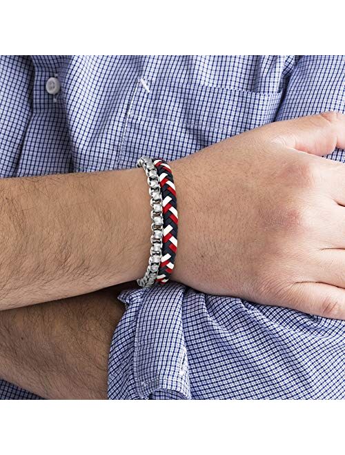 Nautica Red White Blue Braided Leather Stainless Steel Rolo Chain Bracelet for Men Layered Set