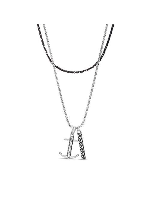 Nautica Black IP Plated Stainless Steel Anchor Bar Layered Necklace for Men