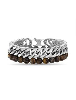 Stainless Steel Curb Link Chain Brown Beaded Bracelet for Men Layered Set