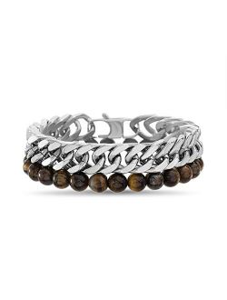 Stainless Steel Curb Link Chain Brown Beaded Bracelet for Men Layered Set