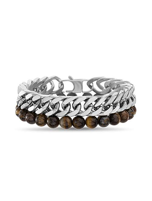 Nautica Stainless Steel Curb Link Chain Brown Beaded Bracelet for Men Layered Set