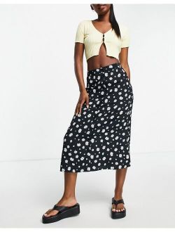 button through midi skirt in black & white ditsy
