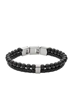 Men's Stainless Steel and Genuine Leather Beaded Bracelet