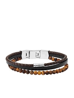 Men's Stainless Steel and Genuine Leather Beaded Bracelet