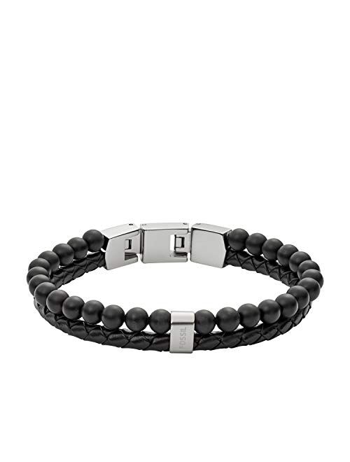 Fossil Men's Stainless Steel and Genuine Leather Beaded Bracelet