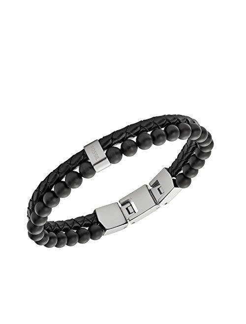 Fossil Men's Stainless Steel and Genuine Leather Beaded Bracelet
