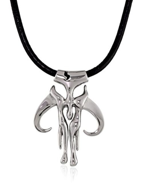 Star Wars Jewelry Unisex Mandalorian Symbol Stainless Steel Leather Cord Pendant Necklace, 20"