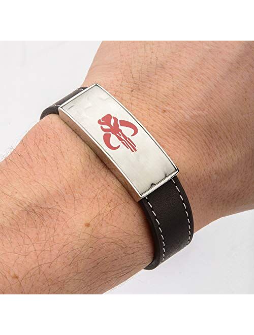Star Wars Jewelry Men's Mandalorian Symbol ID Plate Stainless Steel and Brown Leather Bracelet, Black/Silver, One Size