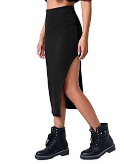 Women's High Waisted Split Thigh Rib Knit Long Bodycon Skirt