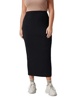 Women's Plus Size Elastic High Waist Long Bodycon Pencil Skirt Black