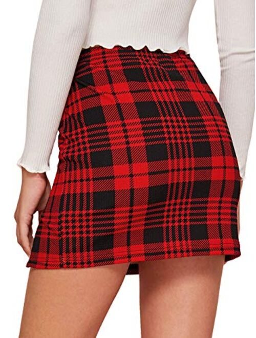 Verdusa Women's Slit Hem Plaid Print High Waist Mini Bodycon Skirt