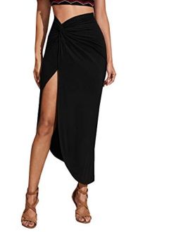 Women's Twist Front Ruched Split Side High Waist Asymmetrical Long Skirt