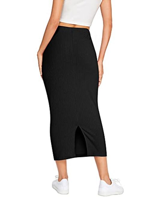 Verdusa Women's Pocket Front Split Back Bodycon Pencil Knitted Midi Skirt
