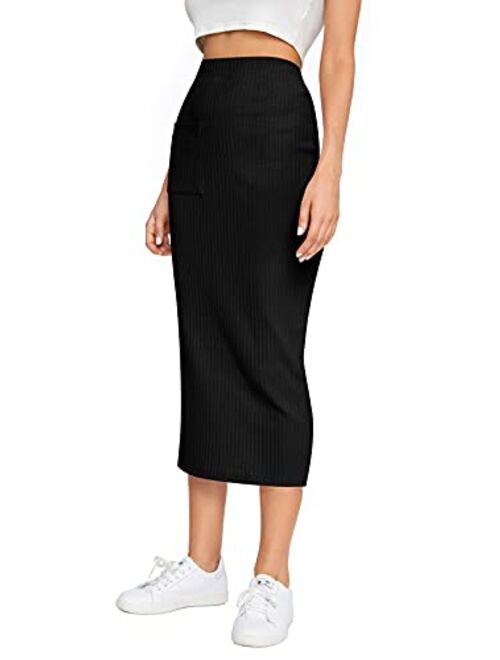 Verdusa Women's Pocket Front Split Back Bodycon Pencil Knitted Midi Skirt