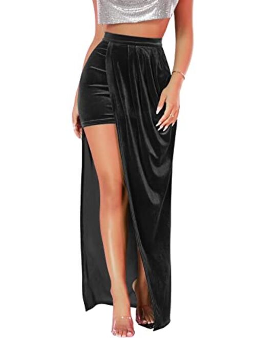 Verdusa Women's Boho Asymmetrical Velvet High Waisted Bodycon Draped Maxi Skirt