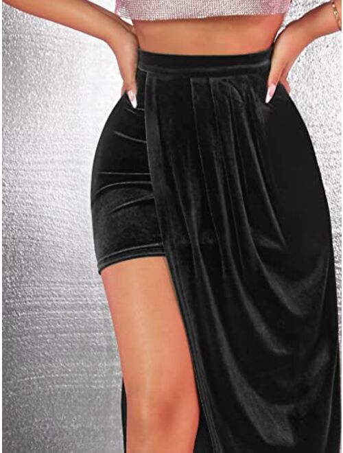 Verdusa Women's Boho Asymmetrical Velvet High Waisted Bodycon Draped Maxi Skirt