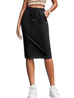 Women's Drawstring Elastic Waist Midi Bodycon Skirt with Pocket