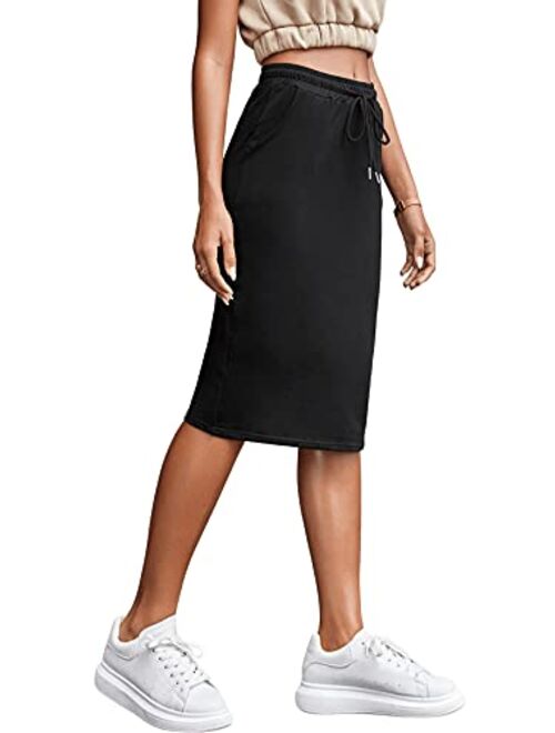 Verdusa Women's Drawstring Elastic Waist Midi Bodycon Skirt with Pocket