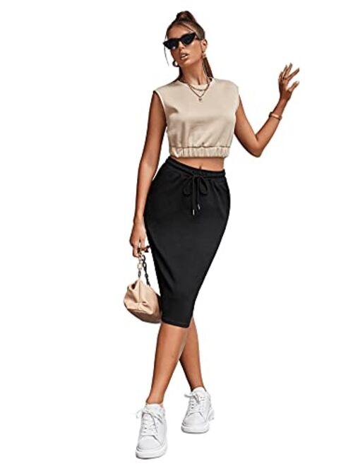 Verdusa Women's Drawstring Elastic Waist Midi Bodycon Skirt with Pocket