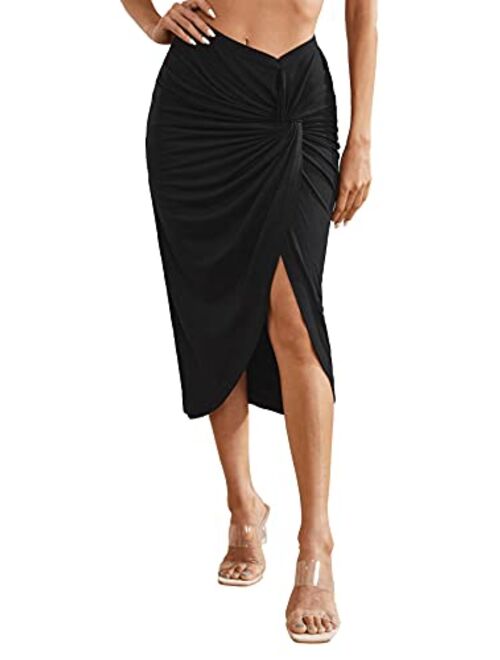 Verdusa Women's Twist Front Split Ruched Asymmetrical Hem Wrap Midi Skirt