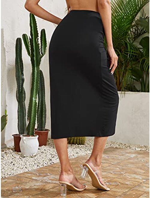 Verdusa Women's Twist Front Split Ruched Asymmetrical Hem Wrap Midi Skirt