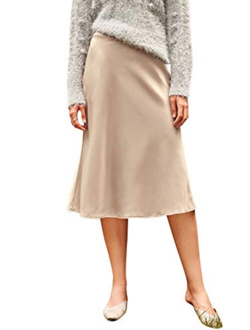 Verdusa Women's Elegant High Waist Satin A Line Flared Midi Skirt