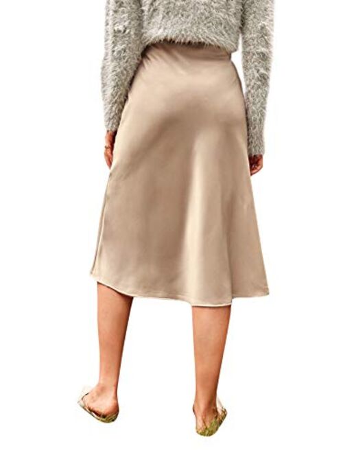 Verdusa Women's Elegant High Waist Satin A Line Flared Midi Skirt