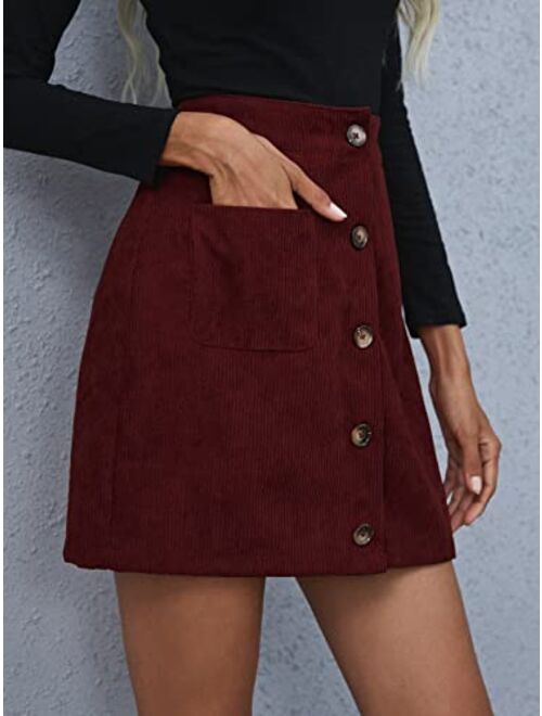 Verdusa Women's Single Breasted Pocket Front Short A Line Corduroy Mini Skirt