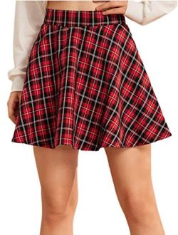 Women's Plaid Tartan Print High Waist Flared Skater Skirt