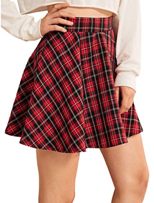 Verdusa Women's Plaid Tartan Print High Waist Flared Skater Skirt