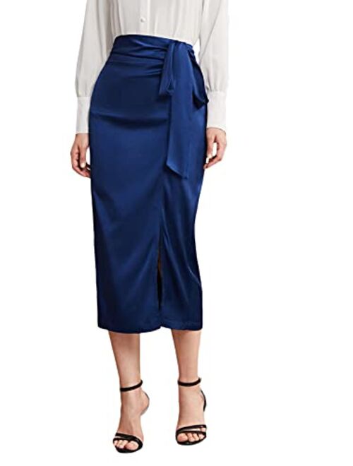 Verdusa Women's Elegant Tie Knot Split Hem High Waist Satin Long Skirt