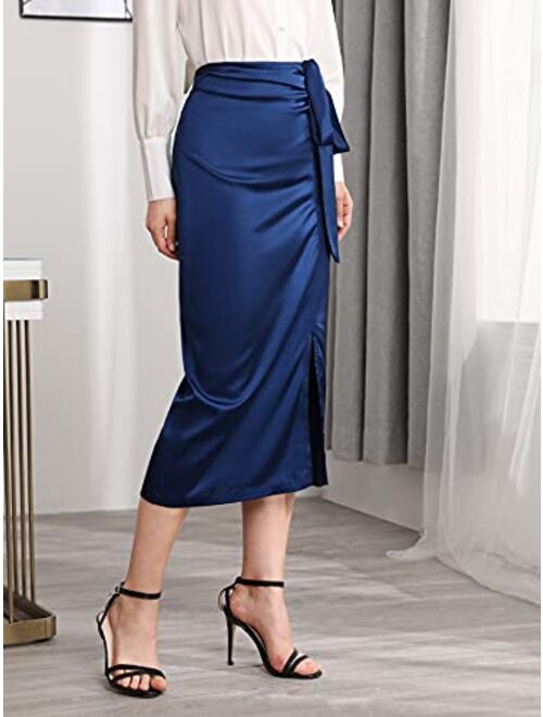 Verdusa Women's Elegant Tie Knot Split Hem High Waist Satin Long Skirt