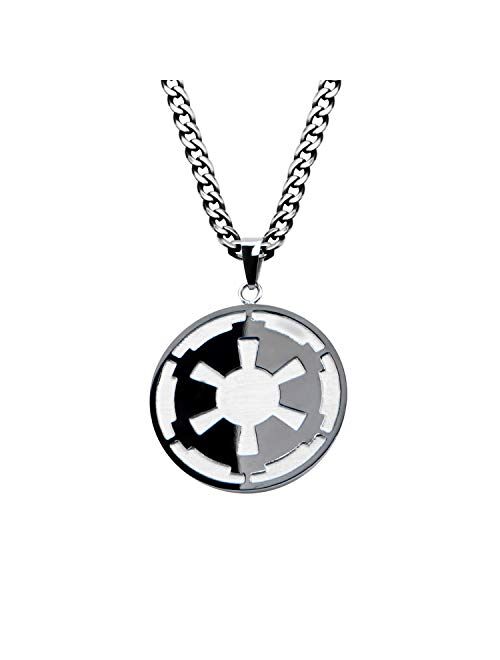 Star Wars Jewelry Unisex Adult Stainless Steel Galactic Empire and Death Star Etched Small Pendant Necklace 26 inch, Black/Silver, One Size, Black, Silver