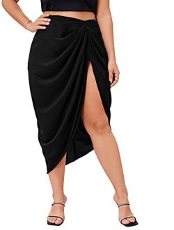 Women's Plus Pleated Ruched Asymmetrical Hem Wrap Midi Skirt