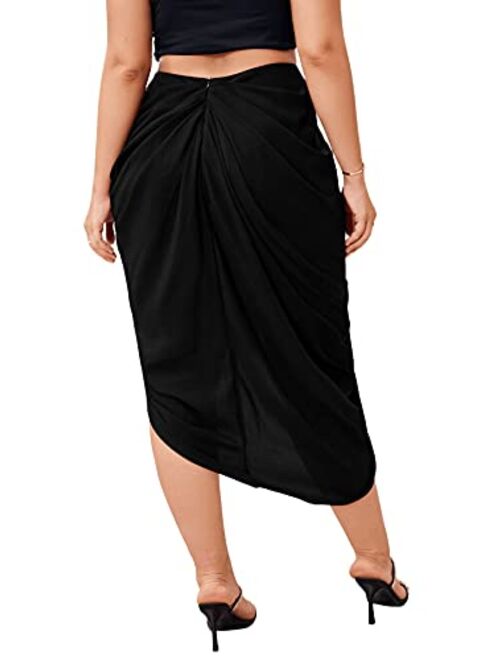 Verdusa Women's Plus Pleated Ruched Asymmetrical Hem Wrap Midi Skirt