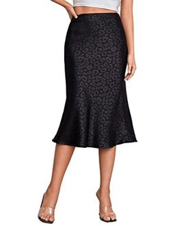 Women's Leopard Print Jacquard High Waist Midi Satin Fishtail Skirt