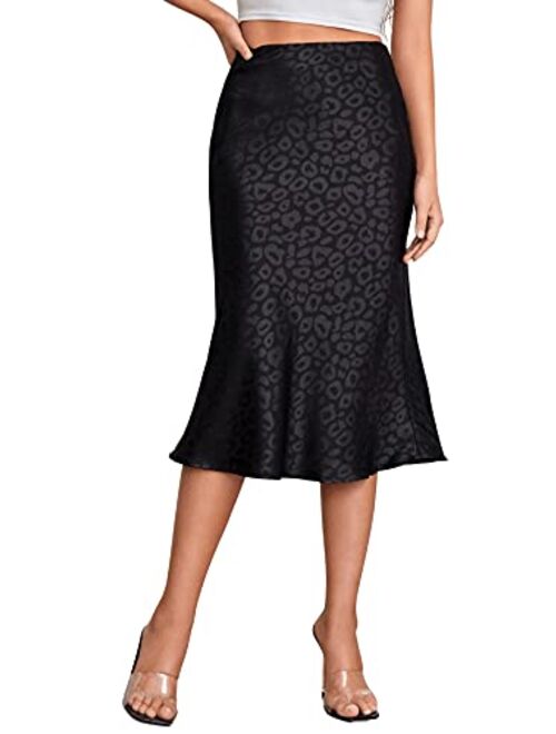 Verdusa Women's Leopard Print Jacquard High Waist Midi Satin Fishtail Skirt