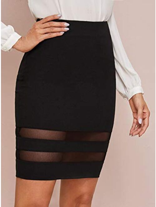 Verdusa Women's Contrast Mesh High Waist Solid Bodycon Pencil Short Skirt