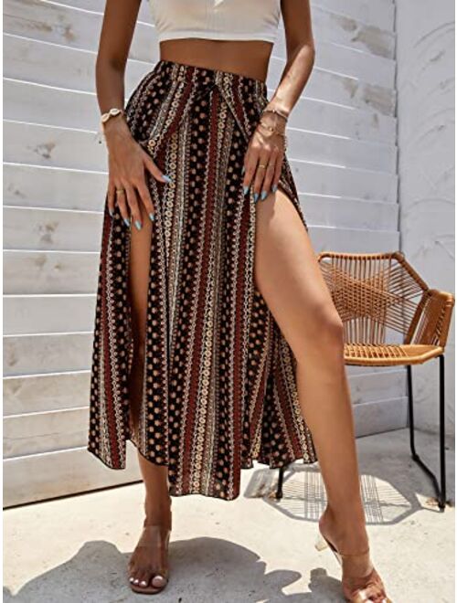 Verdusa Women's High Split Tribal Print Striped Boho Elastic Waist Long Skirt