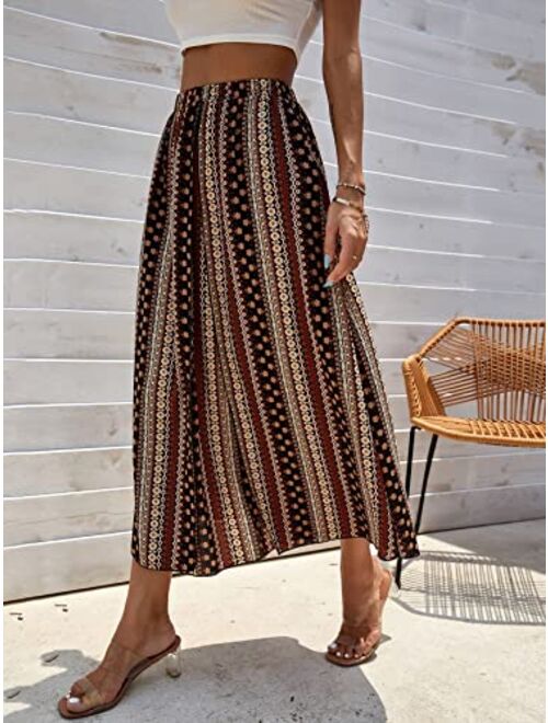 Verdusa Women's High Split Tribal Print Striped Boho Elastic Waist Long Skirt