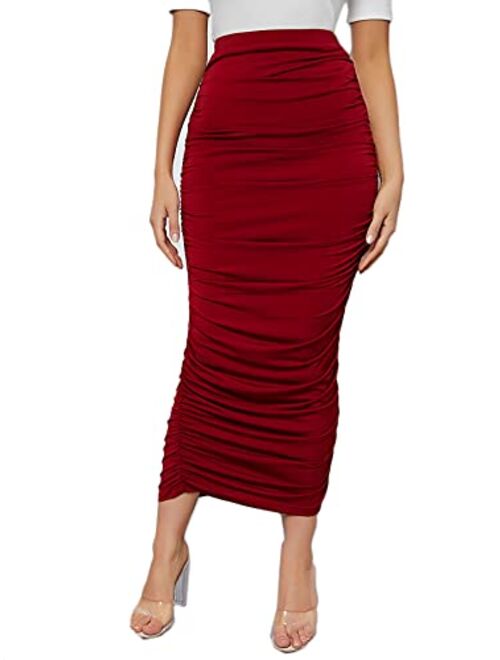 Verdusa Women's High Waist Ruched Side Solid Long Bodycon Pencil Skirt
