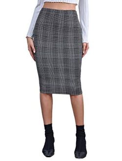 Women's Elegant High Waist Houndstooth Plaid Office Midi Pencil Skirt