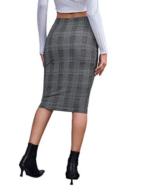 Verdusa Women's Elegant High Waist Houndstooth Plaid Office Midi Pencil Skirt