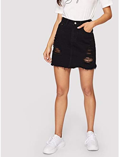 Verdusa Women's Casual Distressed Fray Hem A-Line Denim Short Skirt