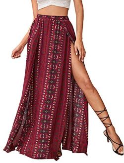 Women's Boho Tribal Print Skirt High Split Beach Cover Long Maxi Skirts Burgundy