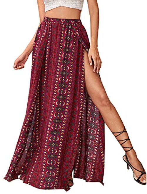 Romwe Women's Boho Tribal Print Skirt High Split Beach Cover Long Maxi Skirts Burgundy