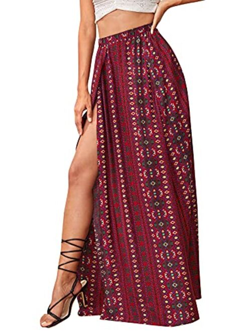 Romwe Women's Boho Tribal Print Skirt High Split Beach Cover Long Maxi Skirts Burgundy