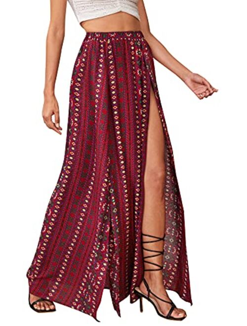 Romwe Women's Boho Tribal Print Skirt High Split Beach Cover Long Maxi Skirts Burgundy